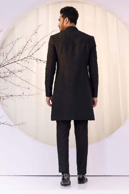 Yoseba Black Bamboo Cut Work Tonal Geometric Embroidered Achkan And Trouser Online at Aza Fashions Yoseba_Black Bamboo Cut Work Tonal Geometric Embroidered Achkan And Trouser _Online_at_Aza_Fashions