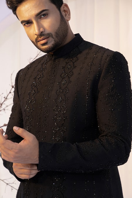 Shop Yoseba Black Bamboo Cut Work Tonal Geometric Embroidered Achkan And Trouser Shop_Yoseba_Black Bamboo Cut Work Tonal Geometric Embroidered Achkan And Trouser