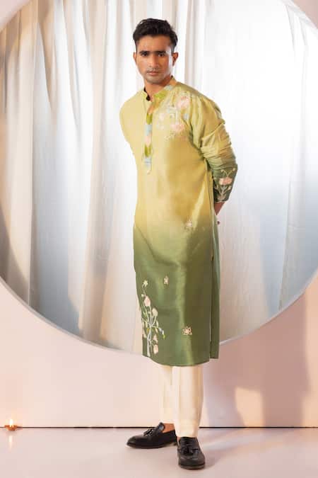 Yoseba_Green Bamboo, Silk, Cotton Embroidery Ombre Thread Kurta And Pant Set _Online_at_Aza_Fashions
