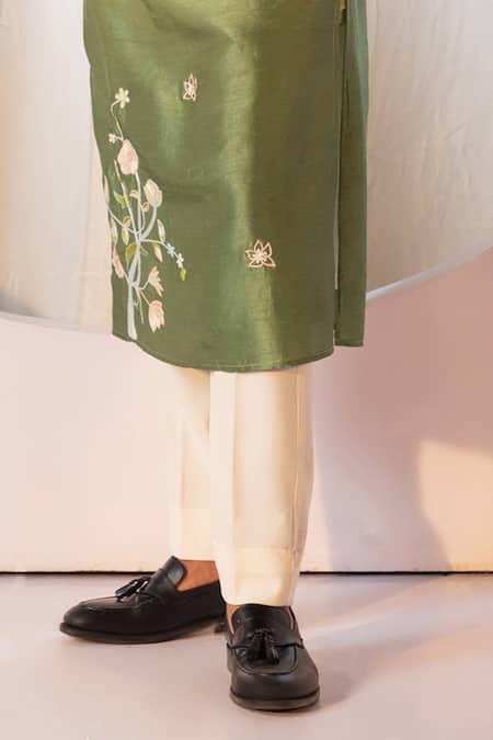 Buy_Yoseba_Green Bamboo, Silk, Cotton Embroidery Ombre Thread Kurta And Pant Set _Online_at_Aza_Fashions