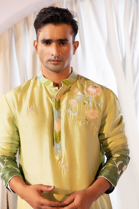 Shop_Yoseba_Green Bamboo, Silk, Cotton Embroidery Ombre Thread Kurta And Pant Set _Online_at_Aza_Fashions