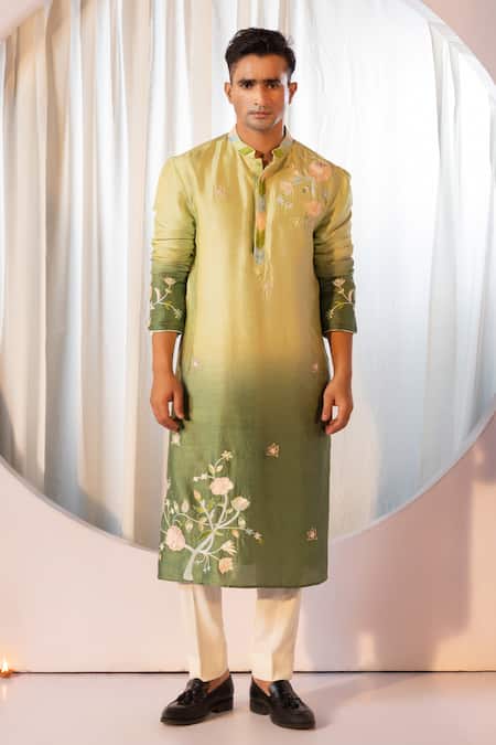 Yoseba_Green Bamboo, Silk, Cotton Embroidery Ombre Thread Kurta And Pant Set _at_Aza_Fashions