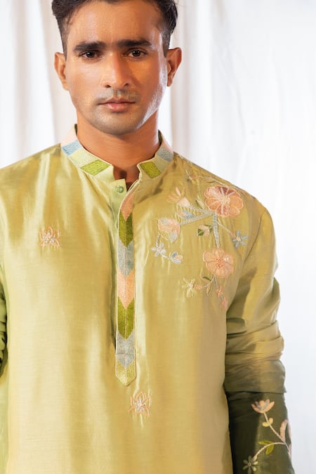 Buy_Yoseba_Green Bamboo, Silk, Cotton Embroidery Ombre Thread Kurta And Pant Set 