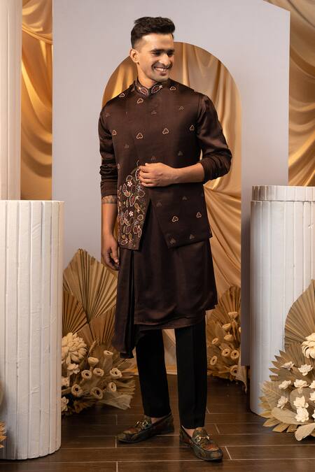 Buy_Yoseba_Brown Linen, Satin, Cotton Embroidery Asymmetric Bundi Kurta Set _Online_at_Aza_Fashions