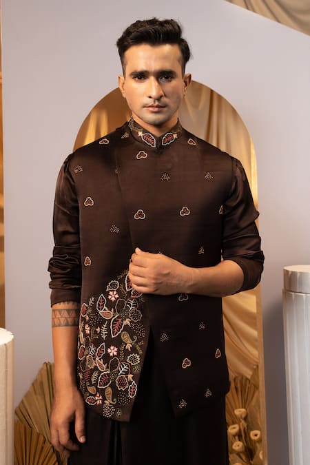 Shop_Yoseba_Brown Linen, Satin, Cotton Embroidery Asymmetric Bundi Kurta Set _Online_at_Aza_Fashions