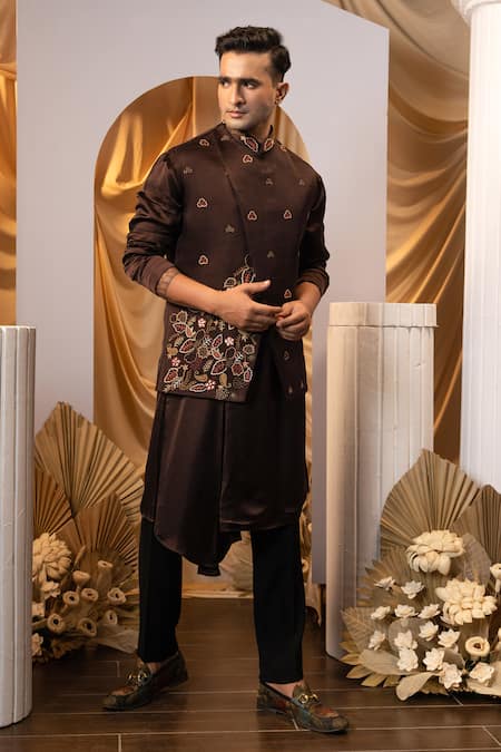 Yoseba_Brown Linen, Satin, Cotton Embroidery Asymmetric Bundi Kurta Set _at_Aza_Fashions