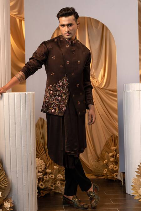 Shop_Yoseba_Brown Linen, Satin, Cotton Embroidery Asymmetric Bundi Kurta Set 