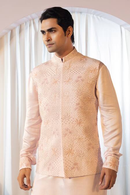 Shop Yoseba Beige Linen, Satin, Cotton Cut Work Tonal Blossom Embroidered Bundi Kurta Set Online at Aza Fashions Shop_Yoseba_Beige Linen, Satin, Cotton Cut Work Tonal Blossom Embroidered Bundi Kurta Set _Online_at_Aza_Fashions