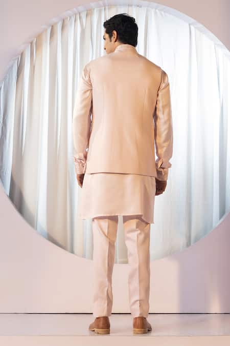 Yoseba Beige Linen, Satin, Cotton Cut Work Tonal Blossom Embroidered Bundi Kurta Set Online at Aza Fashions Yoseba_Beige Linen, Satin, Cotton Cut Work Tonal Blossom Embroidered Bundi Kurta Set _Online_at_Aza_Fashions