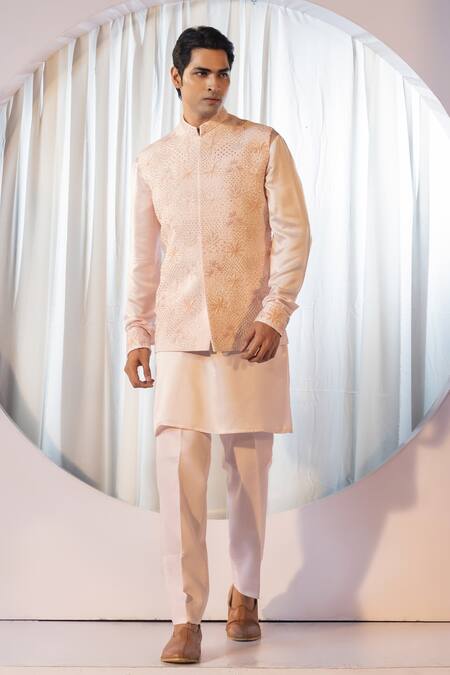 Yoseba Beige Linen, Satin, Cotton Cut Work Tonal Blossom Embroidered Bundi Kurta Set at Aza Fashions Yoseba_Beige Linen, Satin, Cotton Cut Work Tonal Blossom Embroidered Bundi Kurta Set _at_Aza_Fashions