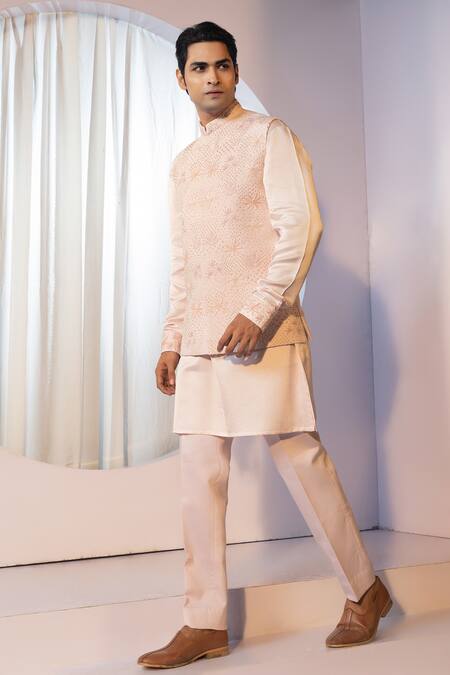 Buy Yoseba Beige Linen, Satin, Cotton Cut Work Tonal Blossom Embroidered Bundi Kurta Set Buy_Yoseba_Beige Linen, Satin, Cotton Cut Work Tonal Blossom Embroidered Bundi Kurta Set