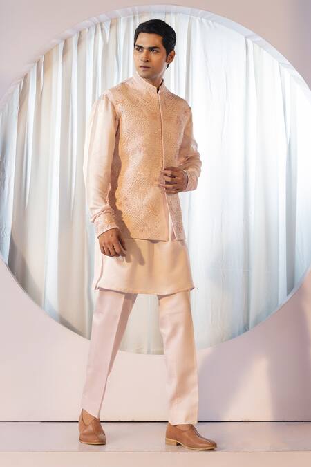 Shop Yoseba Beige Linen, Satin, Cotton Cut Work Tonal Blossom Embroidered Bundi Kurta Set Shop_Yoseba_Beige Linen, Satin, Cotton Cut Work Tonal Blossom Embroidered Bundi Kurta Set