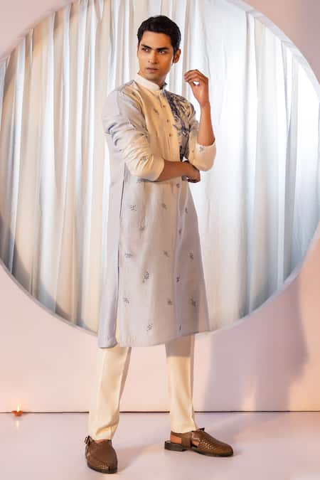 Shop Yoseba Blue Bamboo, Cotton Embroidery Gradient Kurta And Pant Set Online at Aza Fashions Shop_Yoseba_Blue Bamboo, Cotton Embroidery Gradient Kurta And Pant Set _Online_at_Aza_Fashions