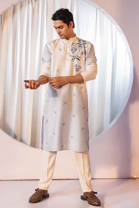 Yoseba Blue Bamboo, Cotton Embroidery Gradient Kurta And Pant Set at Aza Fashions Yoseba_Blue Bamboo, Cotton Embroidery Gradient Kurta And Pant Set _at_Aza_Fashions