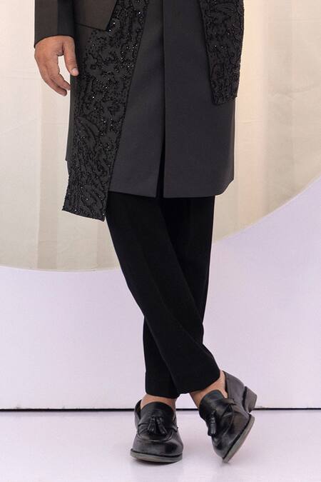 Buy Yoseba Black Cotton, Polyester Cut Work Cutdana Embroidered Achkan And Trouser Set Online at Aza Fashions Buy_Yoseba_Black Cotton, Polyester Cut Work Cutdana Embroidered Achkan And Trouser Set _Online_at_Aza_Fashions