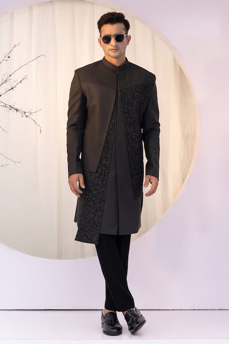 Shop Yoseba Black Cotton, Polyester Cut Work Cutdana Embroidered Achkan And Trouser Set Online at Aza Fashions Shop_Yoseba_Black Cotton, Polyester Cut Work Cutdana Embroidered Achkan And Trouser Set _Online_at_Aza_Fashions