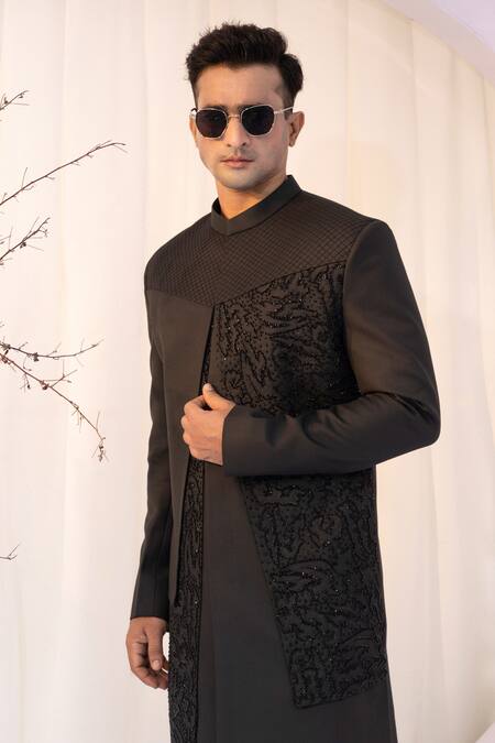 Yoseba Black Cotton, Polyester Cut Work Cutdana Embroidered Achkan And Trouser Set at Aza Fashions Yoseba_Black Cotton, Polyester Cut Work Cutdana Embroidered Achkan And Trouser Set _at_Aza_Fashions