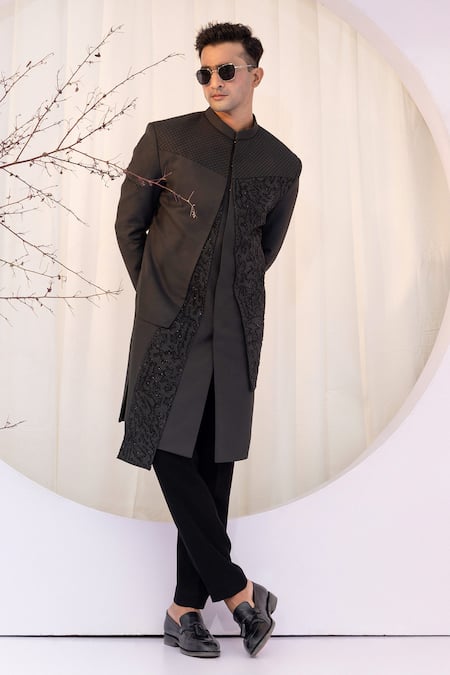 Buy Yoseba Black Cotton, Polyester Cut Work Cutdana Embroidered Achkan And Trouser Set Buy_Yoseba_Black Cotton, Polyester Cut Work Cutdana Embroidered Achkan And Trouser Set