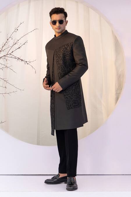 Shop Yoseba Black Cotton, Polyester Cut Work Cutdana Embroidered Achkan And Trouser Set Shop_Yoseba_Black Cotton, Polyester Cut Work Cutdana Embroidered Achkan And Trouser Set