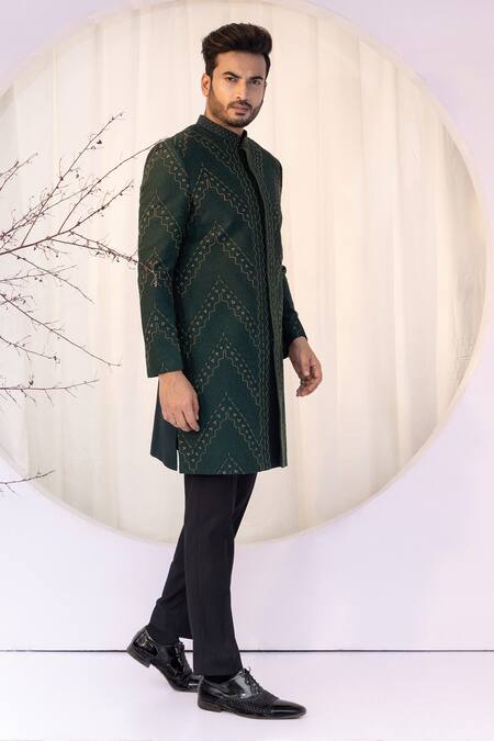 Shop Yoseba Black Cotton Cut Work, Embroidery Green Tonal Geometric Achkan Set Online at Aza Fashions Shop_Yoseba_Black Cotton Cut Work, Embroidery Green Tonal Geometric Achkan Set _Online_at_Aza_Fashions