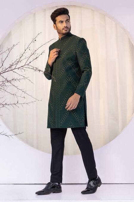 Yoseba Black Cotton Cut Work, Embroidery Green Tonal Geometric Achkan Set at Aza Fashions Yoseba_Black Cotton Cut Work, Embroidery Green Tonal Geometric Achkan Set _at_Aza_Fashions