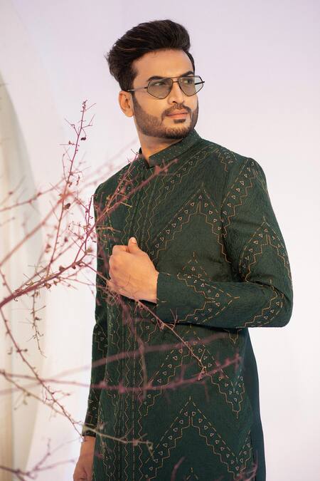 Buy Yoseba Black Cotton Cut Work, Embroidery Green Tonal Geometric Achkan Set Buy_Yoseba_Black Cotton Cut Work, Embroidery Green Tonal Geometric Achkan Set