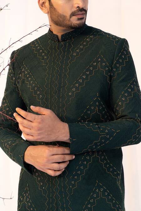 Shop Yoseba Black Cotton Cut Work, Embroidery Green Tonal Geometric Achkan Set Shop_Yoseba_Black Cotton Cut Work, Embroidery Green Tonal Geometric Achkan Set