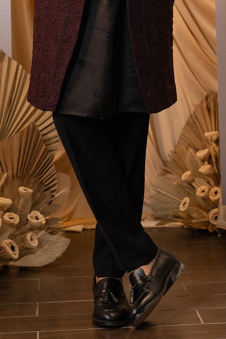 Yoseba_Maroon Cotton, Jacquard Cut Work Layered Achkan Trouser Set _Online_at_Aza_Fashions