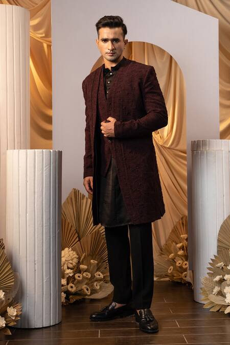 Buy_Yoseba_Maroon Cotton, Jacquard Cut Work Layered Achkan Trouser Set _Online_at_Aza_Fashions