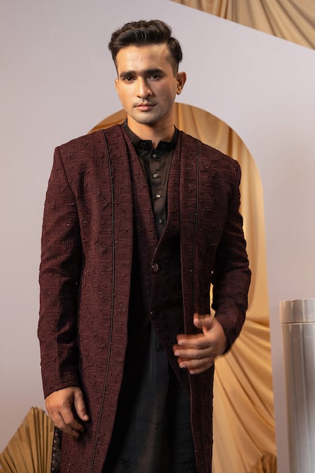 Shop_Yoseba_Maroon Cotton, Jacquard Cut Work Layered Achkan Trouser Set _Online_at_Aza_Fashions