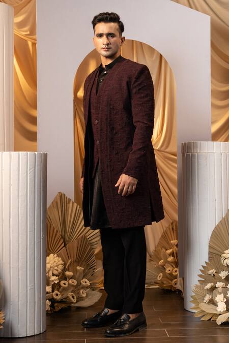 Yoseba_Maroon Cotton, Jacquard Cut Work Layered Achkan Trouser Set _at_Aza_Fashions