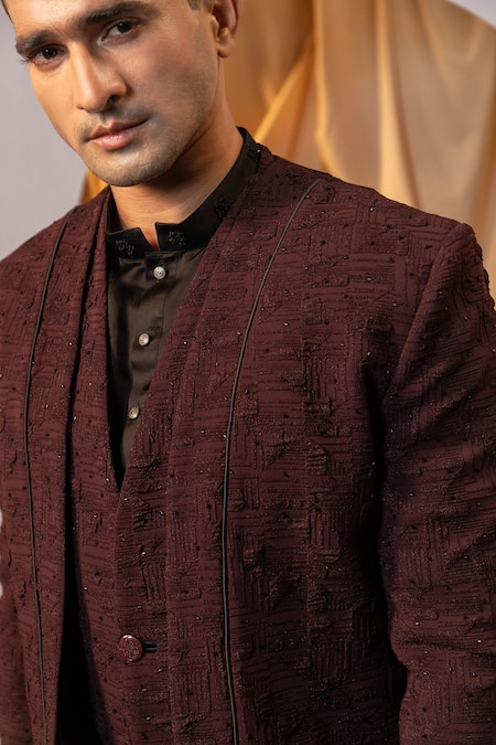 Buy_Yoseba_Maroon Cotton, Jacquard Cut Work Layered Achkan Trouser Set 