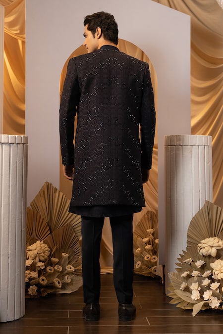 Shop Yoseba Black Cotton, Polyester, Jacquard Cut Layered Self Design Achkan Trouser Set at Aza Fashions Shop_Yoseba_Black Cotton, Polyester, Jacquard Cut Layered Self Design Achkan Trouser Set _at_Aza_Fashions