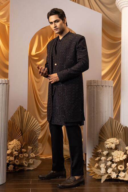 Buy Yoseba Black Cotton, Polyester, Jacquard Cut Layered Self Design Achkan Trouser Set Online at Aza Fashions Buy_Yoseba_Black Cotton, Polyester, Jacquard Cut Layered Self Design Achkan Trouser Set _Online_at_Aza_Fashions