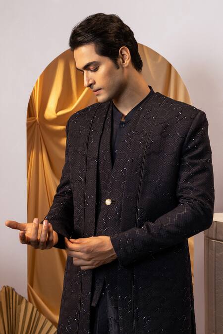 Shop Yoseba Black Cotton, Polyester, Jacquard Cut Layered Self Design Achkan Trouser Set Online at Aza Fashions Shop_Yoseba_Black Cotton, Polyester, Jacquard Cut Layered Self Design Achkan Trouser Set _Online_at_Aza_Fashions