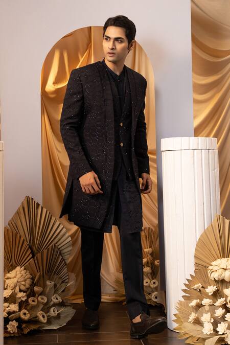 Yoseba Black Cotton, Polyester, Jacquard Cut Layered Self Design Achkan Trouser Set at Aza Fashions Yoseba_Black Cotton, Polyester, Jacquard Cut Layered Self Design Achkan Trouser Set _at_Aza_Fashions