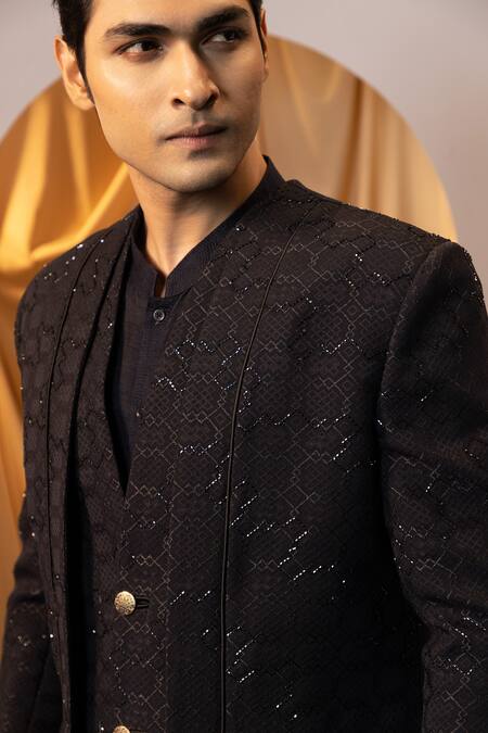 Buy Yoseba Black Cotton, Polyester, Jacquard Cut Layered Self Design Achkan Trouser Set Buy_Yoseba_Black Cotton, Polyester, Jacquard Cut Layered Self Design Achkan Trouser Set