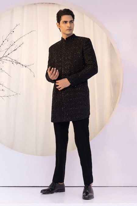Shop Yoseba Black Cotton, Silk, Polyester Sequins, Cut Tonal Cutdana Embroidered Achkan Set Online at Aza Fashions Shop_Yoseba_Black Cotton, Silk, Polyester Sequins, Cut Tonal Cutdana Embroidered Achkan Set _Online_at_Aza_Fashions