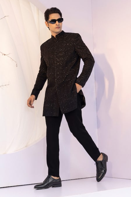 Yoseba Black Cotton, Silk, Polyester Sequins, Cut Tonal Cutdana Embroidered Achkan Set at Aza Fashions Yoseba_Black Cotton, Silk, Polyester Sequins, Cut Tonal Cutdana Embroidered Achkan Set _at_Aza_Fashions