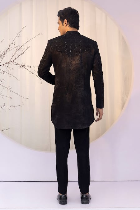 Yoseba Black Cotton, Silk, Polyester Sequins, Cut Tonal Cutdana Embroidered Achkan Set Online at Aza Fashions Yoseba_Black Cotton, Silk, Polyester Sequins, Cut Tonal Cutdana Embroidered Achkan Set _Online_at_Aza_Fashions