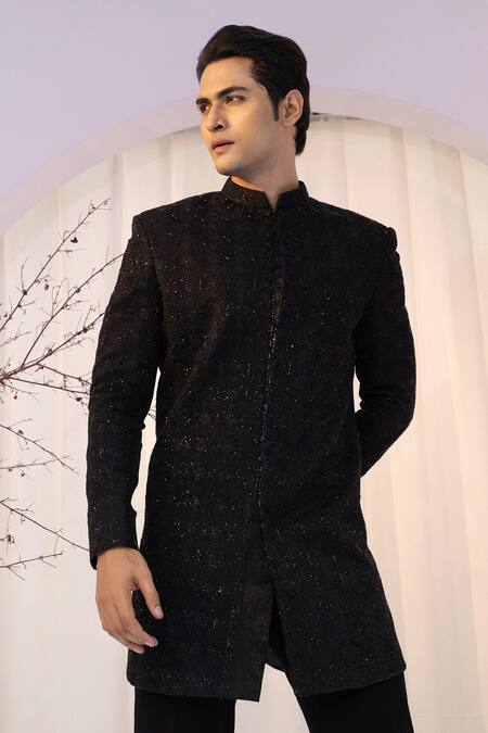 Buy Yoseba Black Cotton, Silk, Polyester Sequins, Cut Tonal Cutdana Embroidered Achkan Set Buy_Yoseba_Black Cotton, Silk, Polyester Sequins, Cut Tonal Cutdana Embroidered Achkan Set