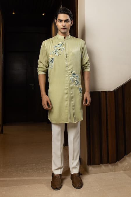 Yoseba_Green Linen, Satin, Cotton Embroidery Mint Floral Kurta And Pant Set _Online_at_Aza_Fashions