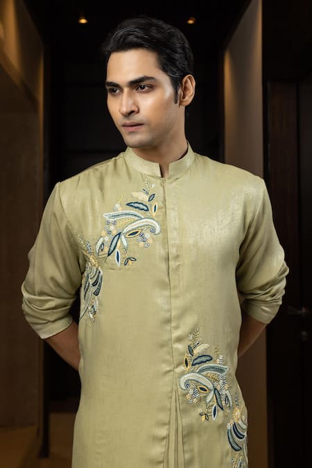 Buy_Yoseba_Green Linen, Satin, Cotton Embroidery Mint Floral Kurta And Pant Set _Online_at_Aza_Fashions