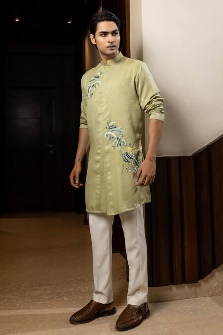 Yoseba_Green Linen, Satin, Cotton Embroidery Mint Floral Kurta And Pant Set _at_Aza_Fashions