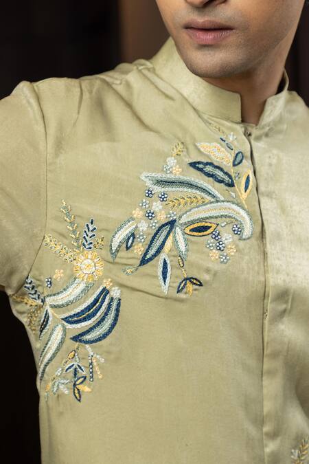 Buy_Yoseba_Green Linen, Satin, Cotton Embroidery Mint Floral Kurta And Pant Set 