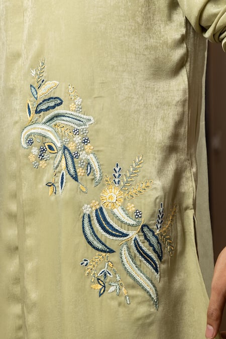 Shop_Yoseba_Green Linen, Satin, Cotton Embroidery Mint Floral Kurta And Pant Set 