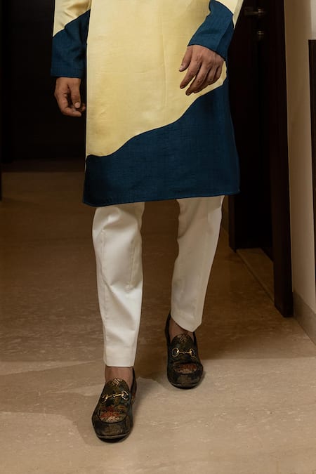 Yoseba_Yellow Linen, Satin, Cotton Amber Aura Color Block Kurta Set _Online_at_Aza_Fashions