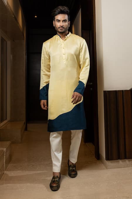Buy_Yoseba_Yellow Linen, Satin, Cotton Amber Aura Color Block Kurta Set _Online_at_Aza_Fashions