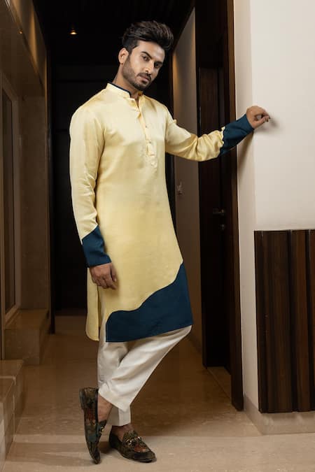 Shop_Yoseba_Yellow Linen, Satin, Cotton Amber Aura Color Block Kurta Set _Online_at_Aza_Fashions