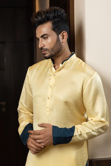 Yoseba_Yellow Linen, Satin, Cotton Amber Aura Color Block Kurta Set _at_Aza_Fashions